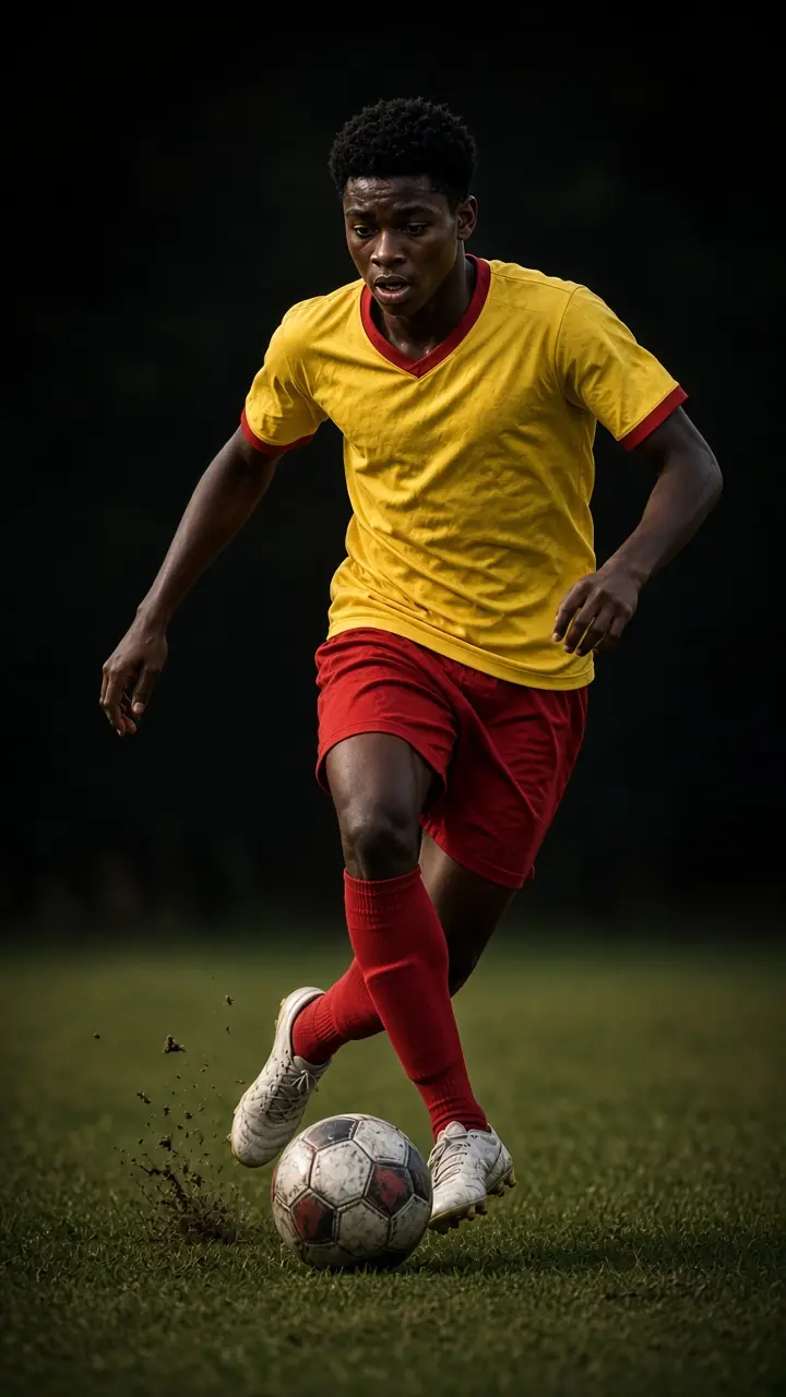 A young footballer driving the ball forward