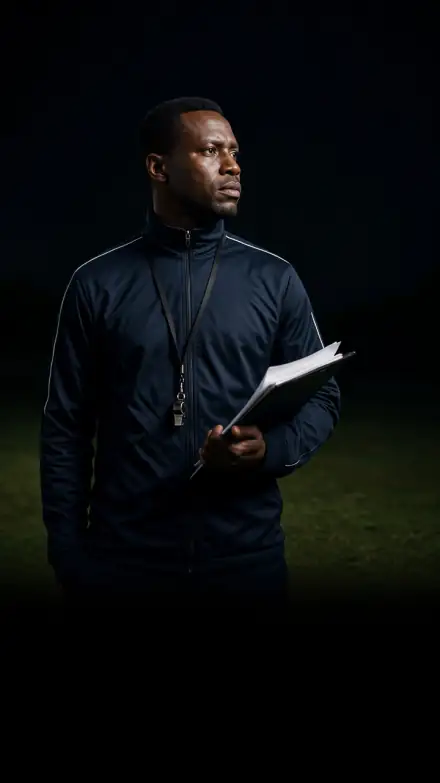 A coach with a whistle and clipboard beside a pitch
